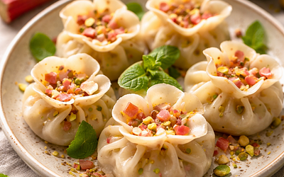 Flower dumplings with cheese and rhubarb
