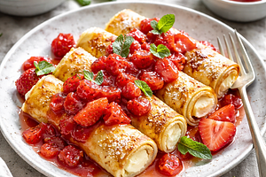 Pancakes with cottage cheese and seasonal strawberry-rhubarb sauce