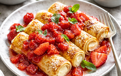 Naleśniki z twarogiem i sezonowym sosem truskawkowo-rabarbarowym