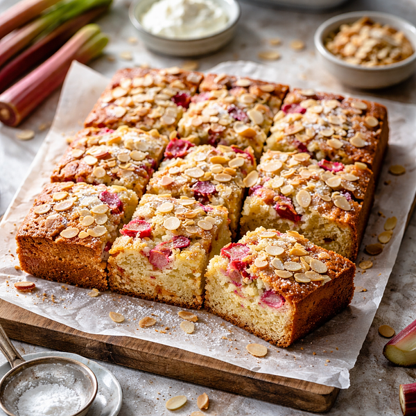 Babka rabarbarowa z maślanką i migdałową posypką
