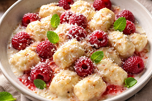 Dumplings with cheese and raspberries