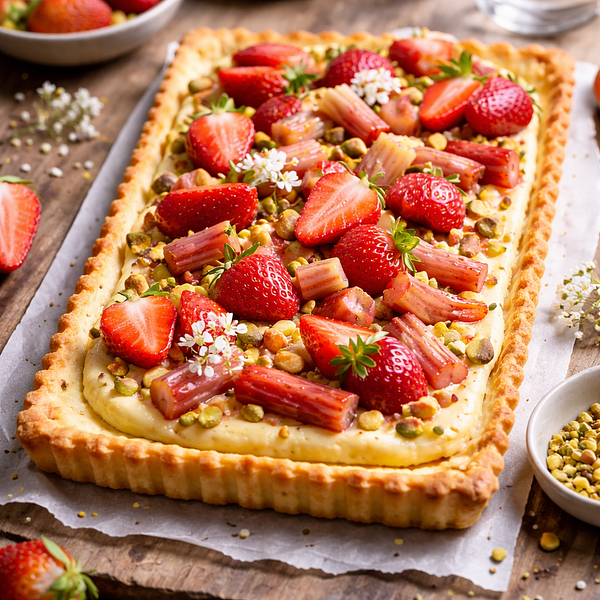 Mazurek z budyniem i owocami (truskawka i rabarbar)