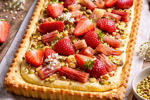 Mazurek with pudding and fruits (strawberry and rhubarb)