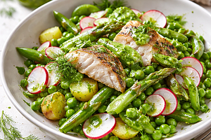 Spring fish salad with young vegetables and dill dressing