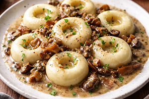 Silesian dumplings with porcini mushroom sauce