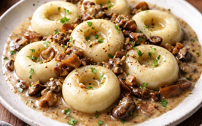 Silesian dumplings with porcini mushroom sauce