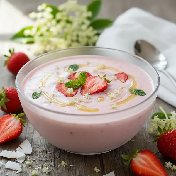 Letnia Fantazja: Chłodnik Truskawkowy na Kokosowym Spodzie z Nutą Kwiatu Bzu