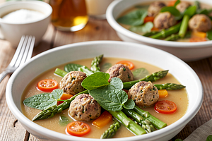 Vegetable soup with meatballs (Easter variant with sorrel and asparagus)