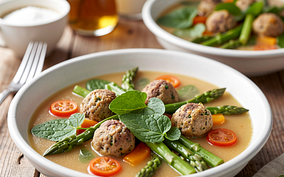 Vegetable soup with meatballs (Easter variant with sorrel and asparagus)
