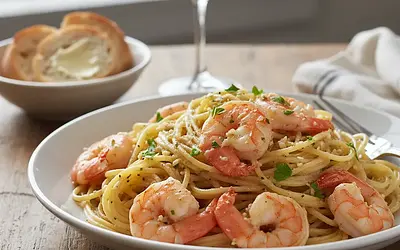 Makaron z krewetkami i czosnkiem w białym winie