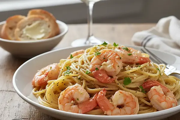 Makaron z krewetkami i czosnkiem w białym winie