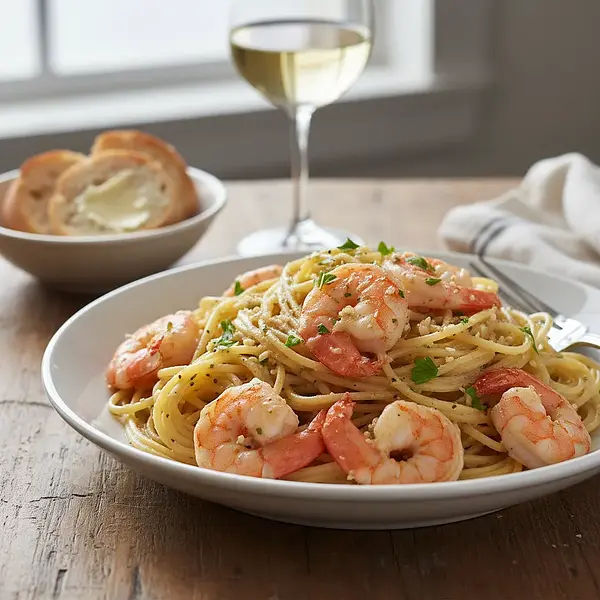 Makaron z krewetkami i czosnkiem w białym winie