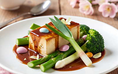 Tofu in teriyaki sauce with spring vegetables (Easter version)