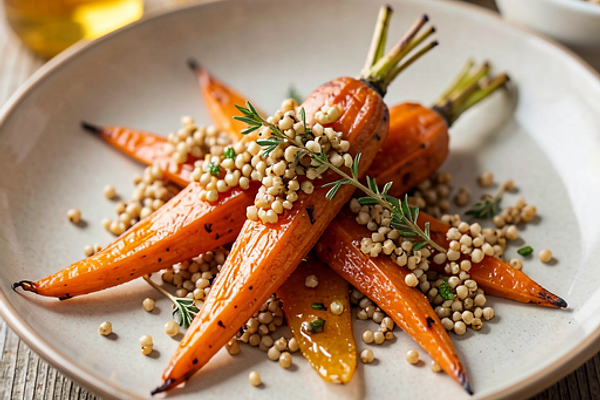 Pieczone marchewki z miodem, tymiankową gremolatą i prażoną kaszą jaglaną
