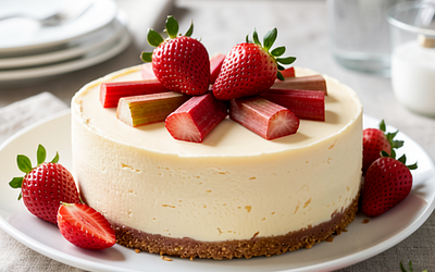 Easter cold cheesecake with rhubarb and strawberries