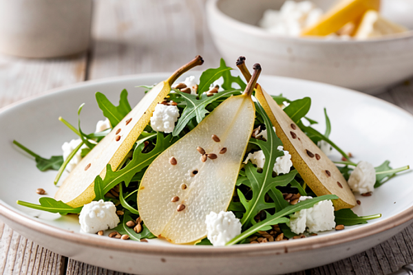 Sałatka z rukolą i gruszką na Wielkanoc z pęczakiem i twarogiem