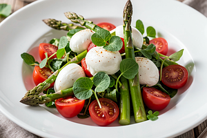 Easter salad with tomatoes and mozzarella with young asparagus and sorrel