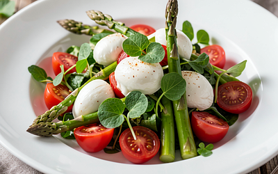 Wielkanocna sałatka z pomidorów i mozzarelli z młodymi szparagami i szczawiem