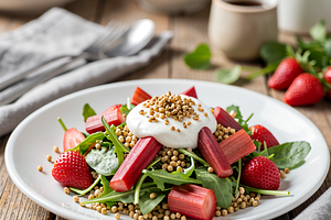 Easter salad with strawberry, rhubarb, and yogurt with toasted millet