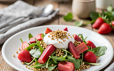 Easter salad with strawberry, rhubarb, and yogurt with toasted millet