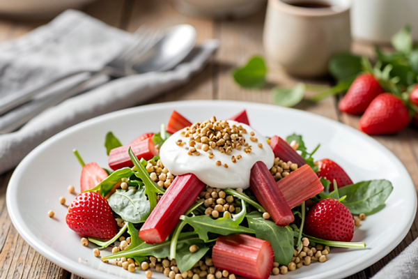 Wielkanocna sałatka z truskawką, rabarbarem i jogurtem z prażoną kaszą jaglaną