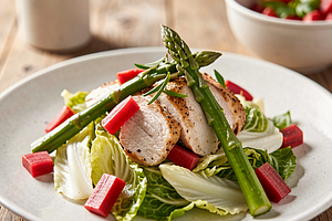 Chinese Cabbage Salad with Chicken, Pickled Rhubarb, and Asparagus