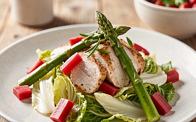 Chinese Cabbage Salad with Chicken, Pickled Rhubarb, and Asparagus