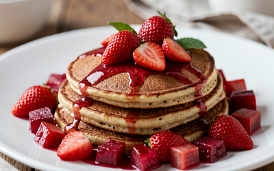Cinnamon pancakes with fruit compote (strawberry and rhubarb)