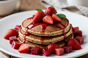 Cinnamon pancakes with fruit compote (strawberry and rhubarb)