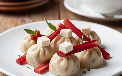 Mini dumplings with Kashubian cheese and rhubarb