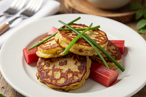 Potato pancakes with rhubarb and spring onion
