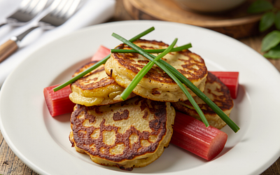 Potato pancakes with rhubarb and spring onion
