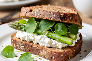 Rye Bread Sandwich with Cottage Cheese Spread, Asparagus, and Sorrel