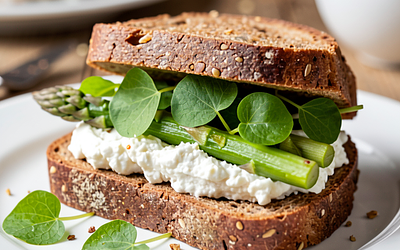 Rye Bread Sandwich with Cottage Cheese Spread, Asparagus, and Sorrel