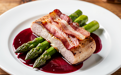 Saltimbocca with Polish Bacon and Asparagus in Red Wine