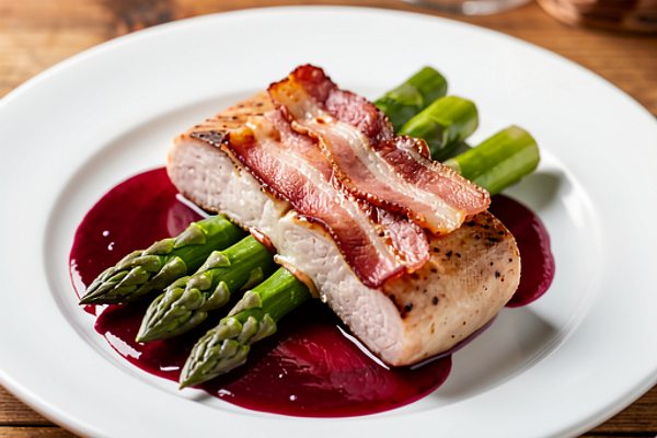Saltimbocca z polskim boczkiem i szparagami w czerwonym winie