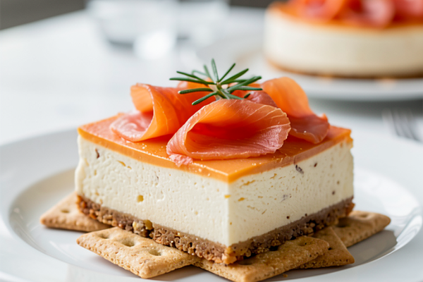 Sernik wytrawny z łososiem wędzonym na krakersach