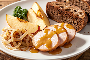 Baked white sausage with onion and mustard-honey glaze