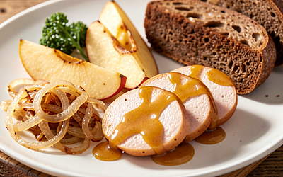 Baked white sausage with onion and mustard-honey glaze