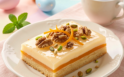 Caramel Cream Mazurek with Apricot Base and Nuts