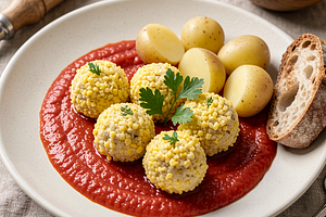 Minced eggs in tomato sauce