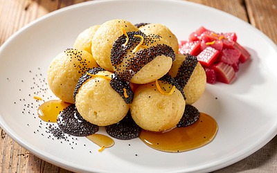 Potato dumplings with poppy seeds and honey (with optional rhubarb compote)