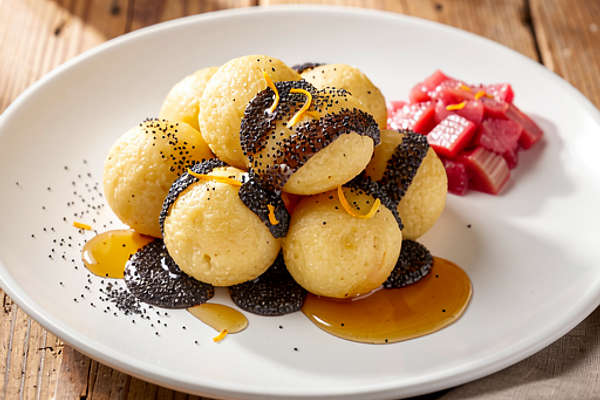 Kluski ziemniaczane z makiem i miodem (z opcjonalnym kompotem rabarbarowym)