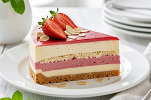 Cold cheesecake with rhubarb-strawberry mousse and almond crumble