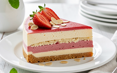 Cold cheesecake with rhubarb-strawberry mousse and almond crumble