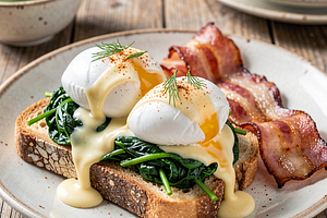 Jajka po benedyktyńsku w polskim wydaniu ze szpinakiem i chrupiącym boczkiem