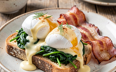 Jajka po benedyktyńsku w polskim wydaniu ze szpinakiem i chrupiącym boczkiem