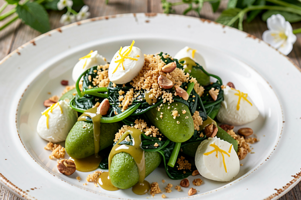 Kopytka ze szpinakiem, masłem szałwiowym i twarogową posypką