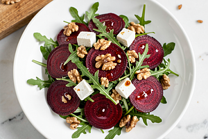Beetroot and Feta Cheese Salad with Arugula and Walnuts