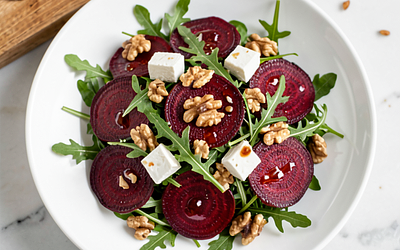 Beetroot and Feta Cheese Salad with Arugula and Walnuts